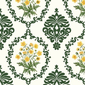 Flower Damask Yellow Buttercup watercolor bouquet in natural white and dark green large scale