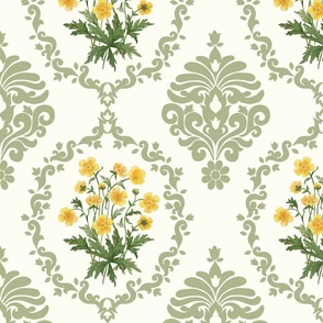 Flower Damask Yellow Buttercup watercolor bouquet in natural white and olive green large scale