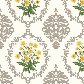 Flower Damask Buttercup watercolor bouquet in warm grey and natural white large scale 