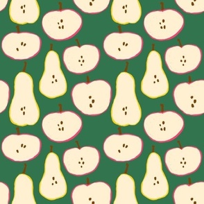 Apples & Pears Cut in Halves on Green Background