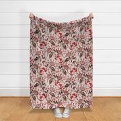 Boho Love- Block Print Floral with 2 Turtle Doves and Hearts- Warm Colors- Large Scale