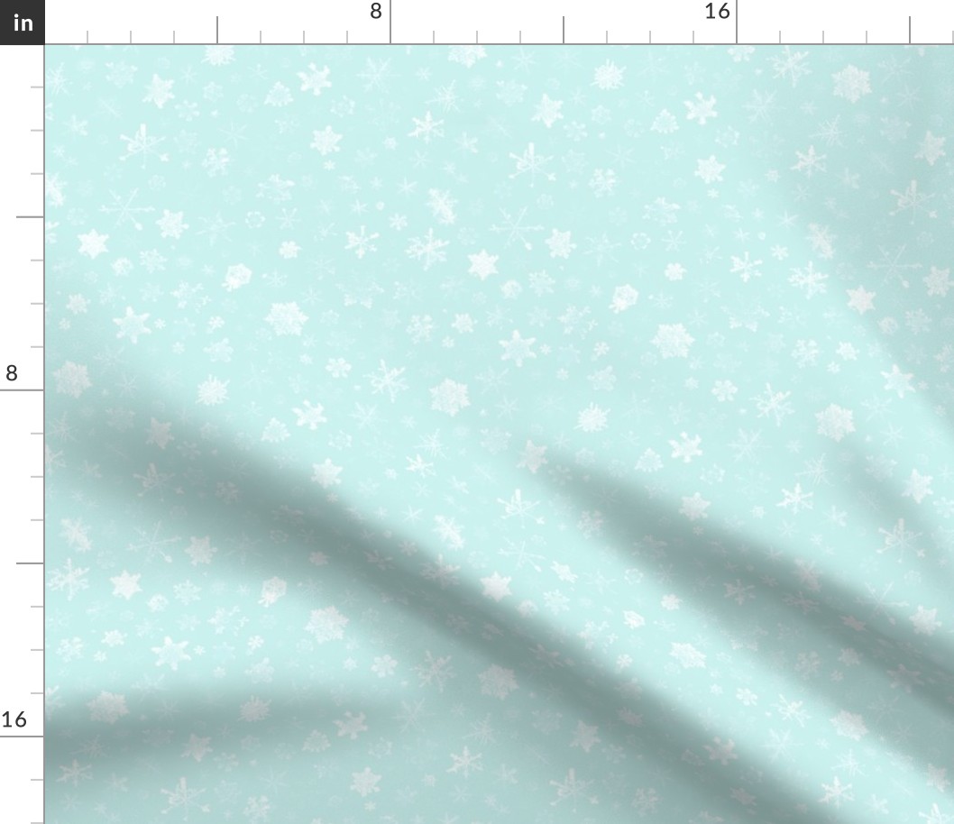 photographic snowflakes on pale ice blue