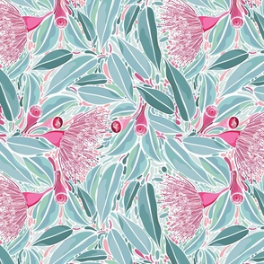 Summer Eucalyptus Wildflower Pattern - Teal  and Pink Colour Palette