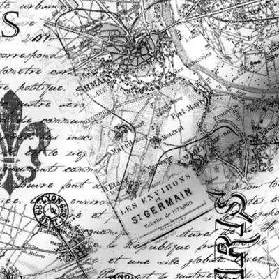 Black And White Paris France Typography, Map And Handwriting Design Smaller Scale