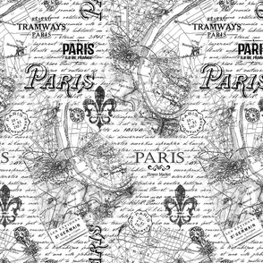 Black And White Paris France Typography, Map And Handwriting Design Smaller Scale