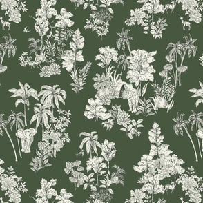 Tropical Jungle Safari toile - off white and forest green  // Big scale