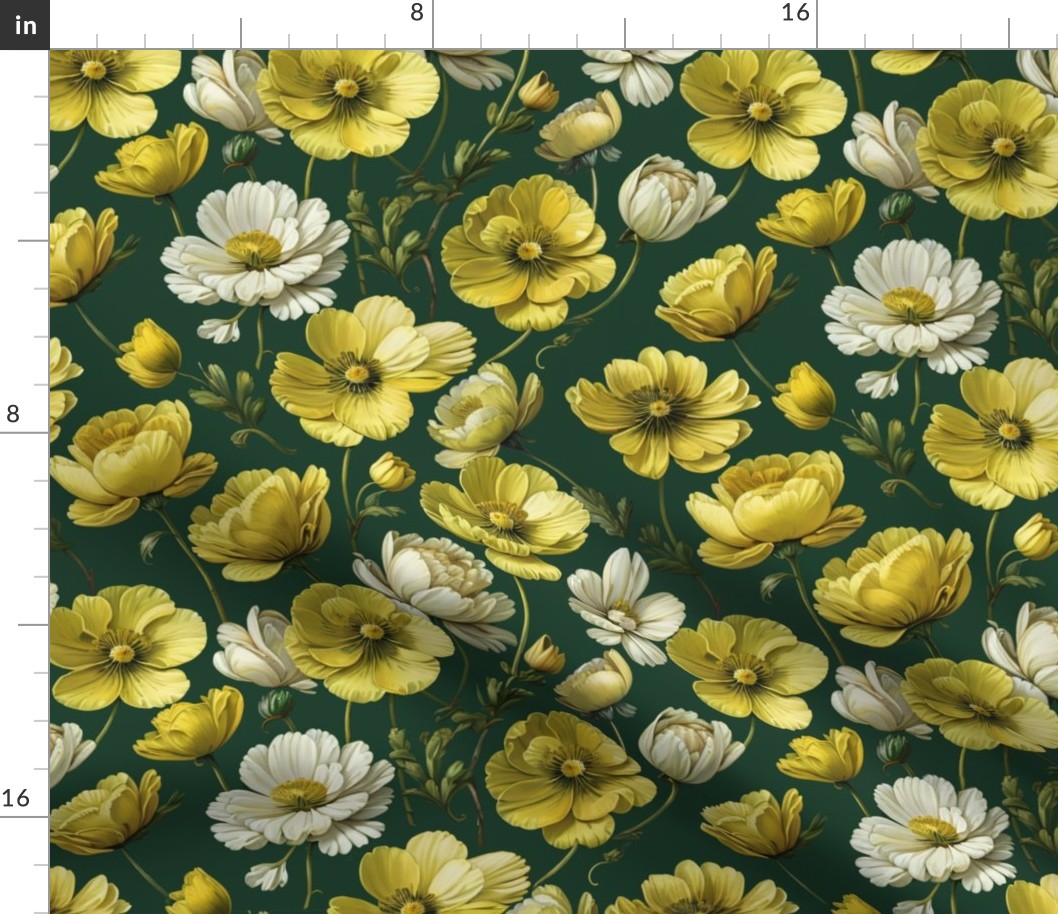 Yellow and  White Buttercups on Green Background Rococo