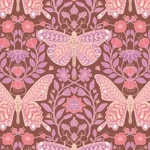 Butterfly Sanctuary Boho Floral Small - Pink Over Maroon Brown Background