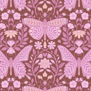 Butterfly Sanctuary Boho Floral Small - Lilac Over Maroon Brown Background
