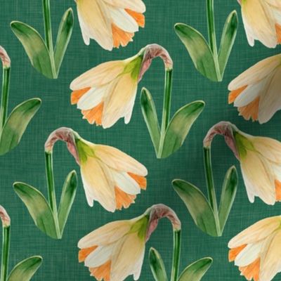 Watercolor Daffodils on Emerald Green with Texture var1| Small Scale