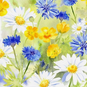 Watercolour Wildflower Meadow Daisies Buttercups Cornflowers Extra Large Scale