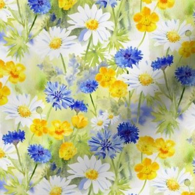 Watercolour Wildflower Meadow Daisies Cornflowers Buttercups small scale 6 inch