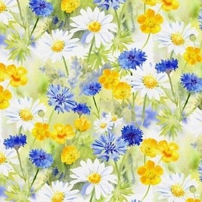 Watercolour Wildflower Meadow Daisies Cornflowers Buttercups small scale 6 inch