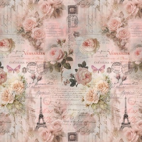 French Romance Vintage Paris Ephemera, Flowers And Script Design Smaller Scale