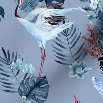 Cranes and Monstera No. 2 Cornflower Blue - Medium Version