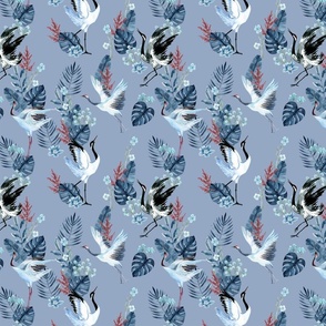 Cranes and Monstera No. 2 Cornflower Blue - Small Version