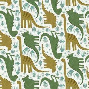 Big Dinosaur Vertical - Moss and Olive Green Dinosaurs on an off white background 12x12
