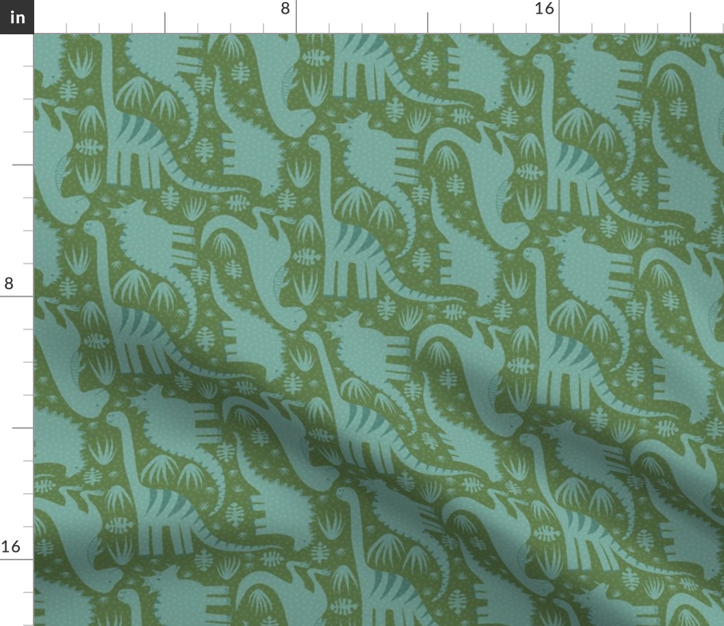 Dinosaur Vertical - Aqua Dinosaurs on a Moss Green Background 