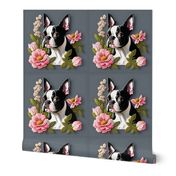 18 inch panel Boston Terrier dog gray and pastel pink flowers 