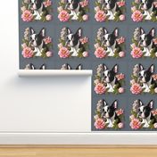 18 inch panel Boston Terrier dog gray and pastel pink flowers 
