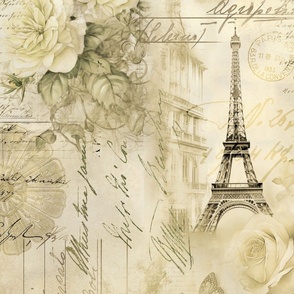 French Romance Vintage Paris Ephemera, Flowers And Script Design Cream Beige