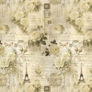 French Romance Vintage Paris Ephemera, Flowers And Script Design Cream Beige Smaller Scale