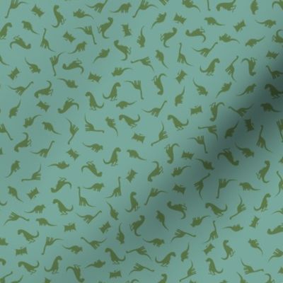 Small Scale Tossed Dinosaurs - Tossed Moss Green Dinosaurs on an Aqua background