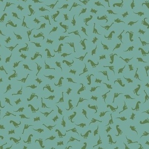 Small Scale Tossed Dinosaurs - Tossed Moss Green Dinosaurs on an Aqua background