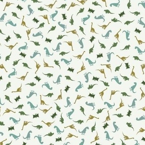 Small Scale Tossed Dinosaurs - Tossed Dinosaurs in Moss Green_ Olive Green and Aqua on an off white background