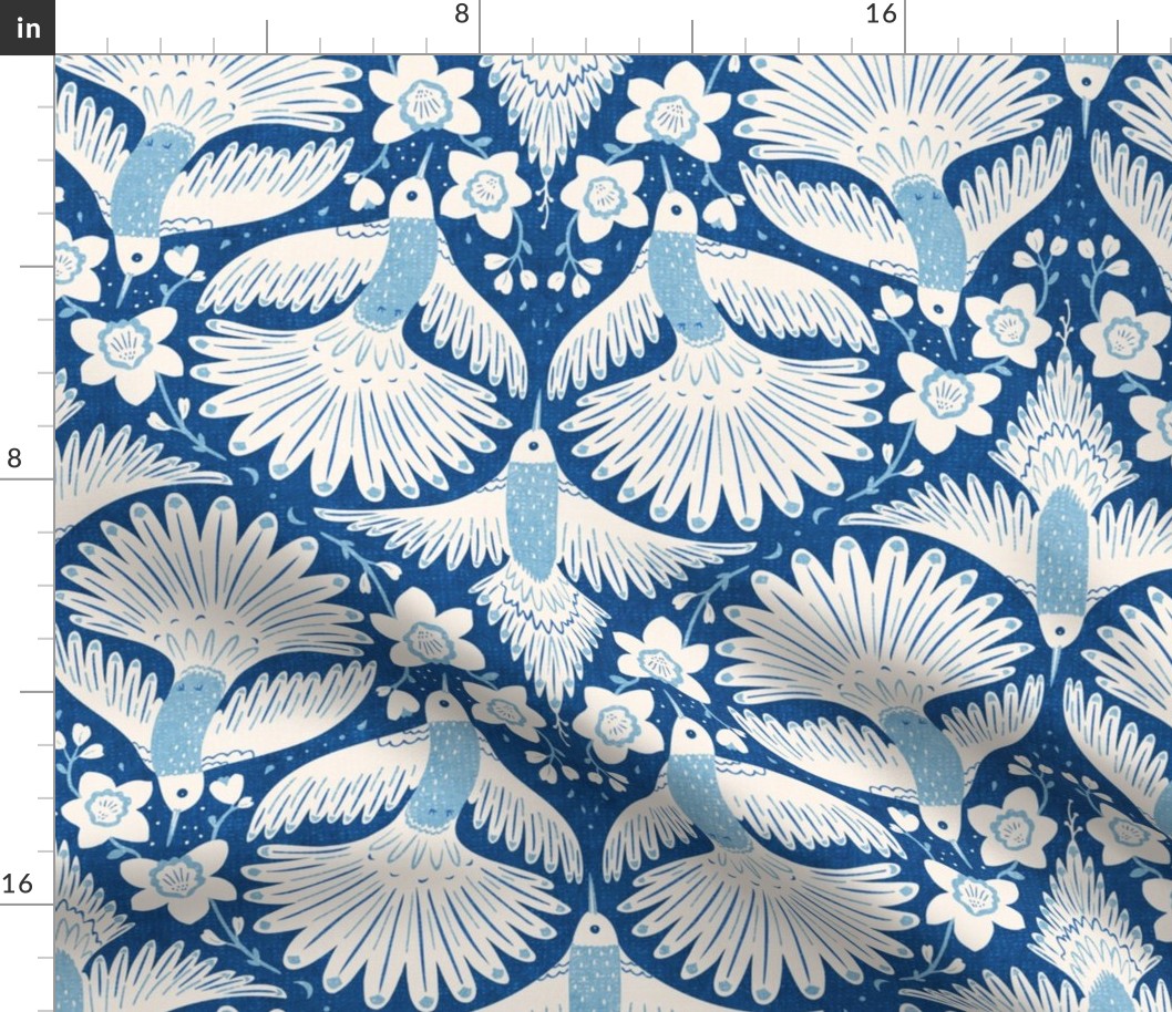 Hummingbird Orchid Pollinators (Large) in Blue and Ivory, Flying Birds and Flowers