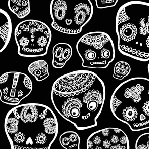 Funky Sugar Skulls - White on Black - Large