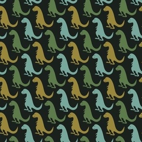 Tyrannosaurus Rex’s in Rows in Moss Green, Olive Green and Aqua Colors on an off black backgroud