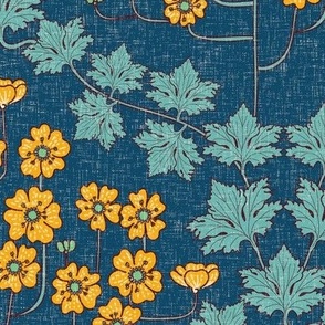 Art Nouveau buttercups on teal with linen texture Large scale