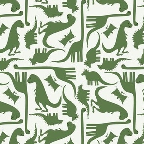 Dinosaurs - Moss Green Dinosaurs in every direction on a light background