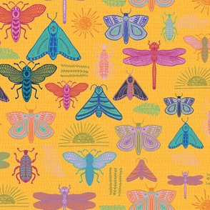 Yellow multi color Doodle Bugs, beetle, butterfly, dragonfly-MEDIUM