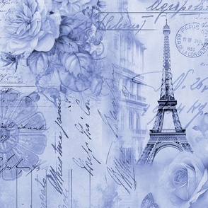 French Romance Vintage Paris Ephemera, Flowers And Script Design Light Blue