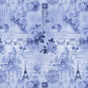 French Romance Vintage Paris Ephemera, Flowers And Script Design Light Blue Smaller Scale