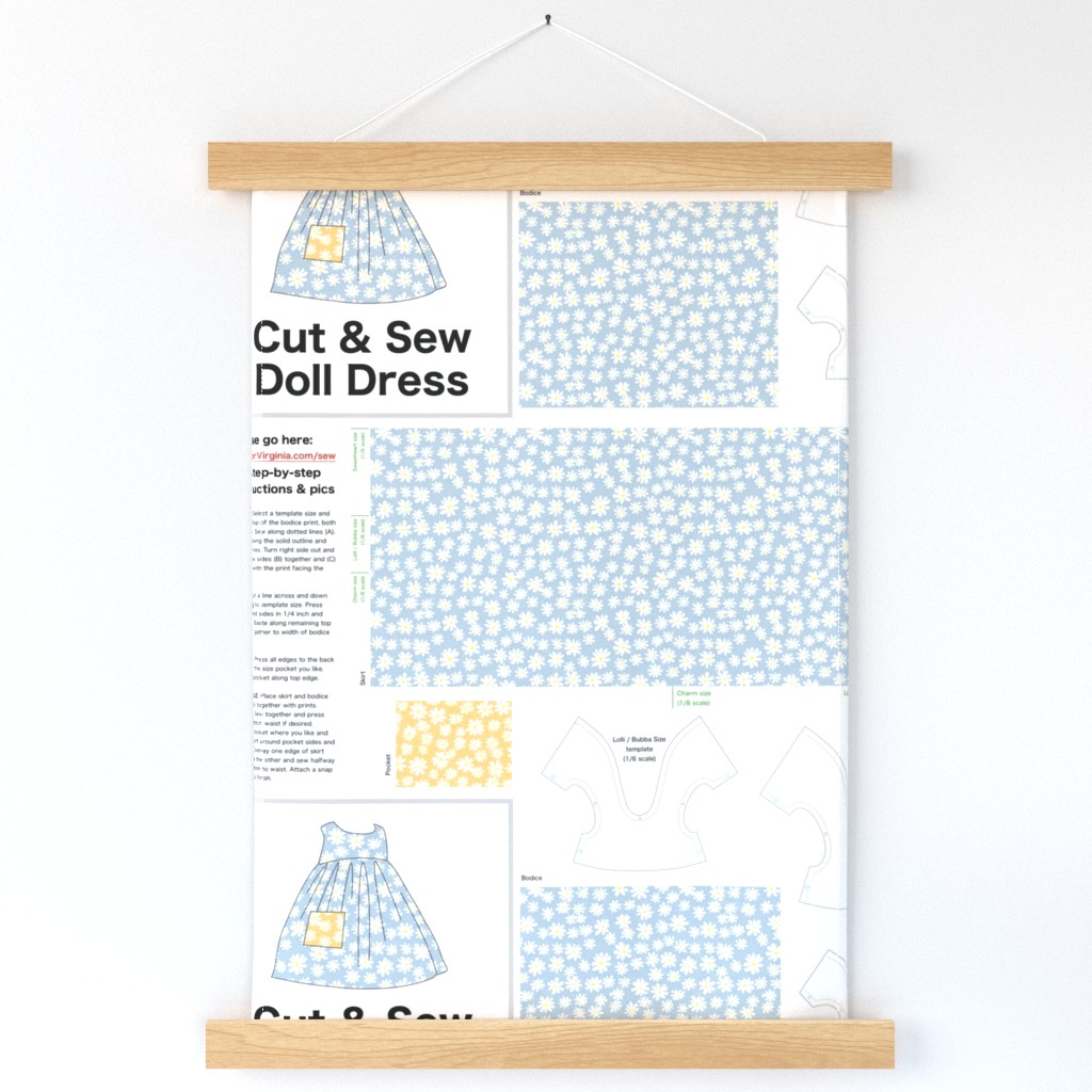 Ditzy Daisies Cut & Sew Doll Dress Kit (blue) on FAT QUARTER for Forever Virginia Dolls and other 1/8, 1/6 and 1/5 scale child dolls  // little small scale tiny mini micro doll 