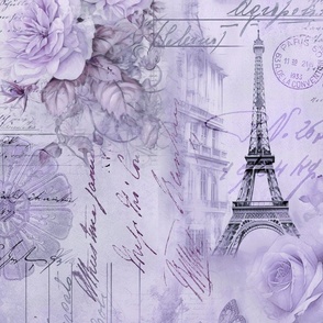French Romance Vintage Paris Ephemera, Flowers And Script Design Pastel Purple