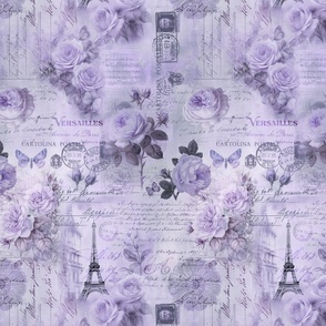 French Romance Vintage Paris Ephemera, Flowers And Script Design Pastel Purple Smaller Scale