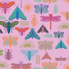 Pink multi color Doodle Bugs, beetle, butterfly, dragonfly-MEDIUM