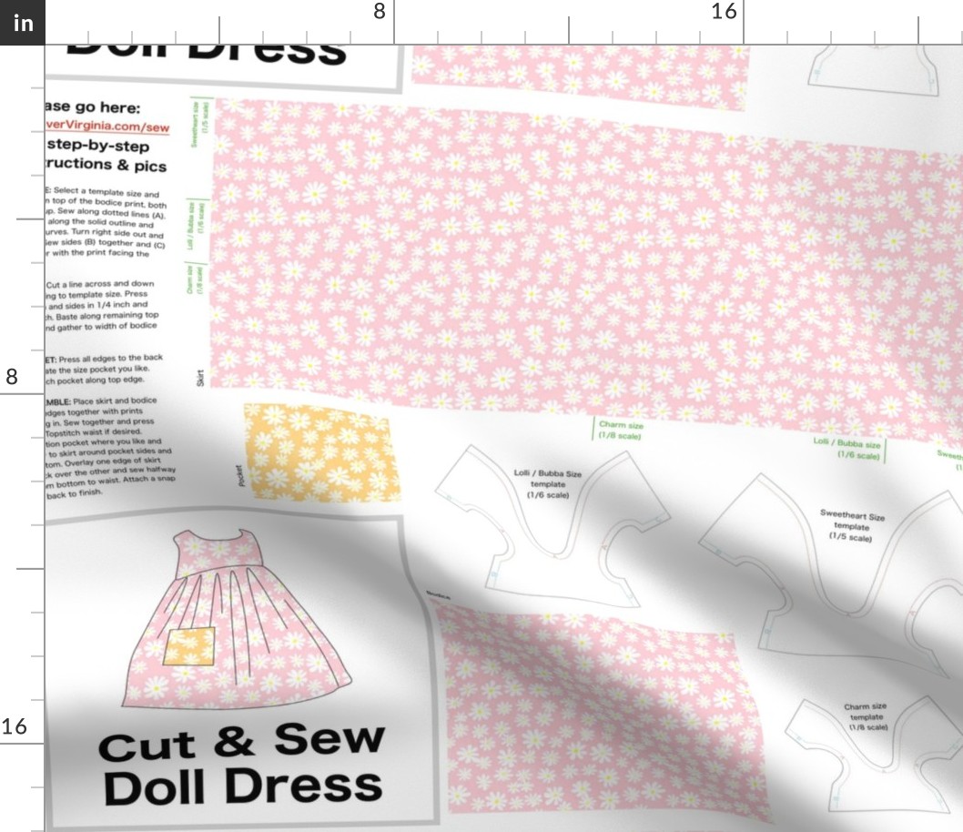 Ditzy Daisies Cut & Sew Doll Dress Kit (pink) on FAT QUARTER for Forever Virginia Dolls and other 1/8, 1/6 and 1/5 scale child dolls  // little small scale tiny mini micro doll 