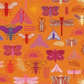 Orange multi color Doodle Bugs, beetle, butterfly, dragonfly-MEDIUM