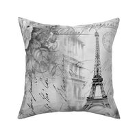 French Romance Vintage Paris Ephemera, Flowers And Script Design Light Grey