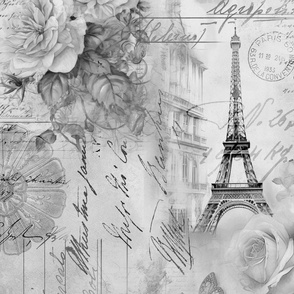 French Romance Vintage Paris Ephemera, Flowers And Script Design Light Grey
