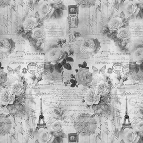 French Romance Vintage Paris Ephemera, Flowers And Script Design Light Grey Smaller Sacle