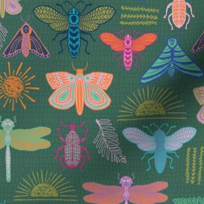 Green multi color Doodle Bugs, beetle, butterfly, dragonfly-SMALL