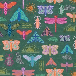 Green multi color Doodle Bugs, beetle, butterfly, dragonfly-SMALL