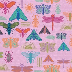 Pink multi color Doodle Bugs, beetle, butterfly, dragonfly-SMALL