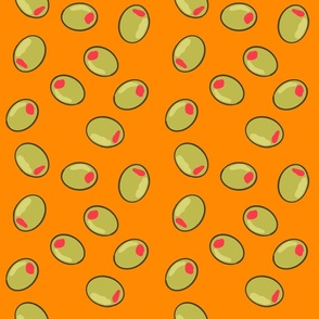Savory Green Olives on a Bright Orange Background